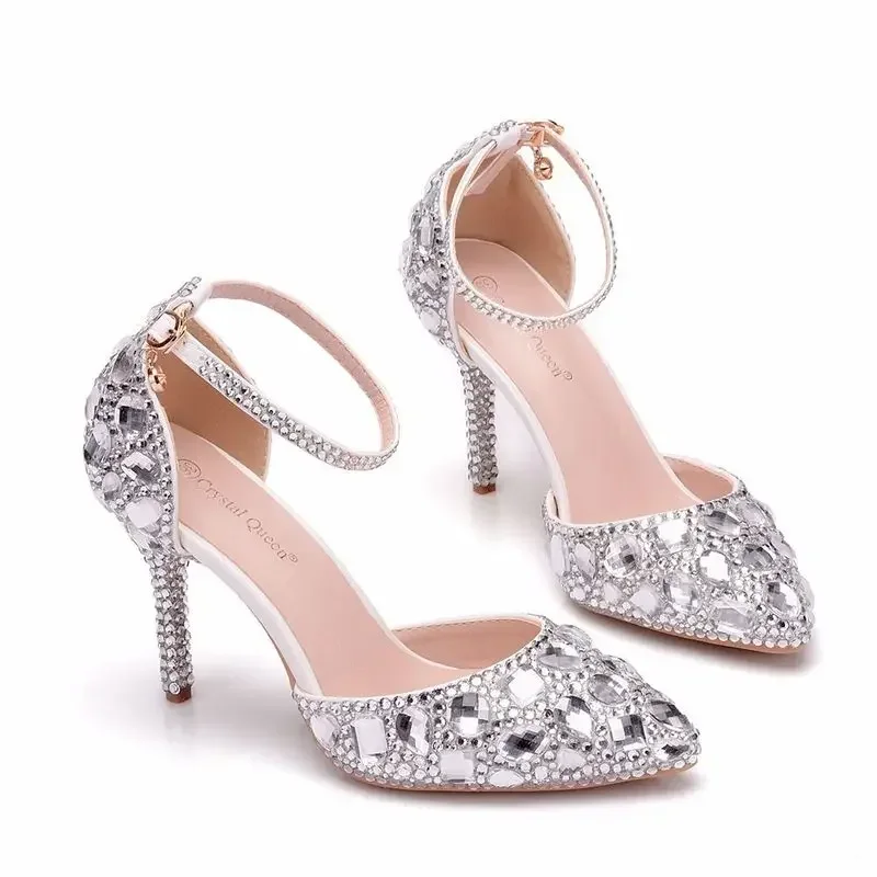 

2025 Women Pumps Wedding Dress Shoes Rhinestone Pointed Toe Thin Heels 9.5CM Fashion Hollow Sweet Stiletto Modern Sandals