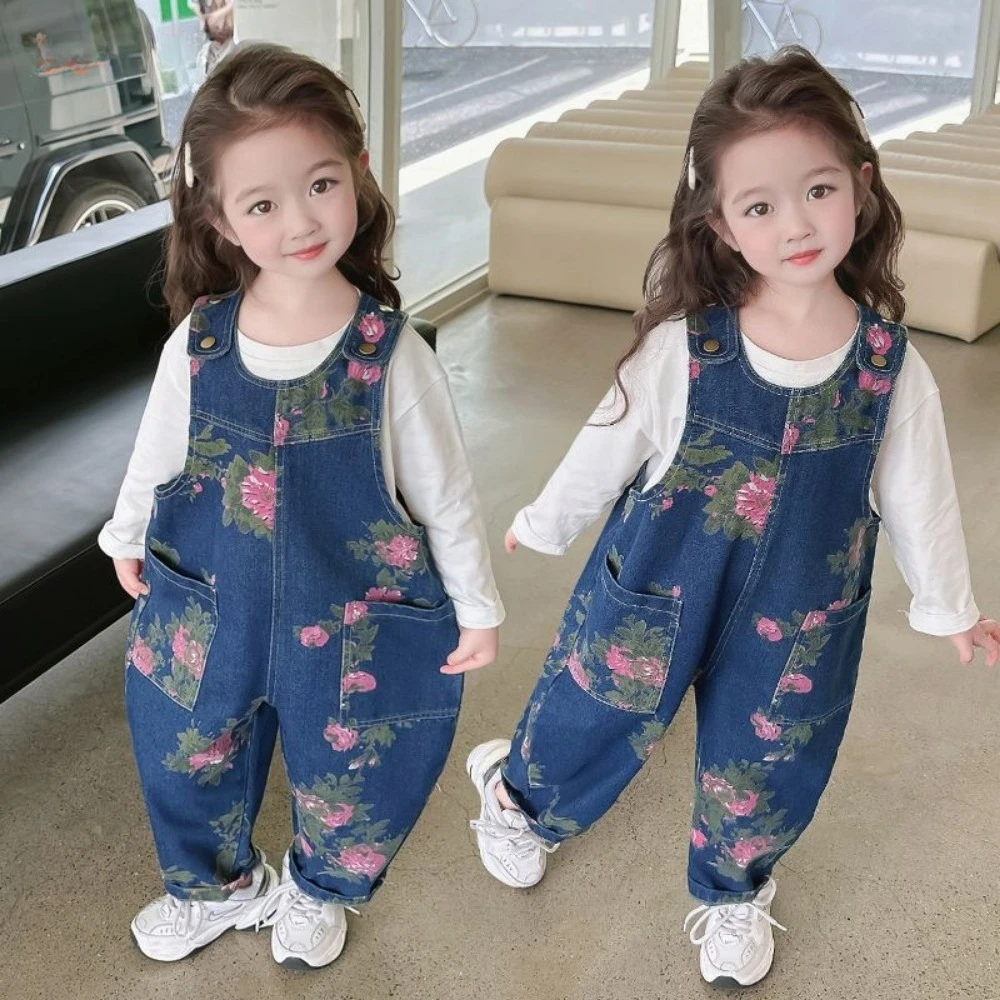 

Girls' Casual Clothes Children's Overalls Denim 2025 Spring and Autumn Fashion Flower Print with Pocket Workwear Jumpsuit