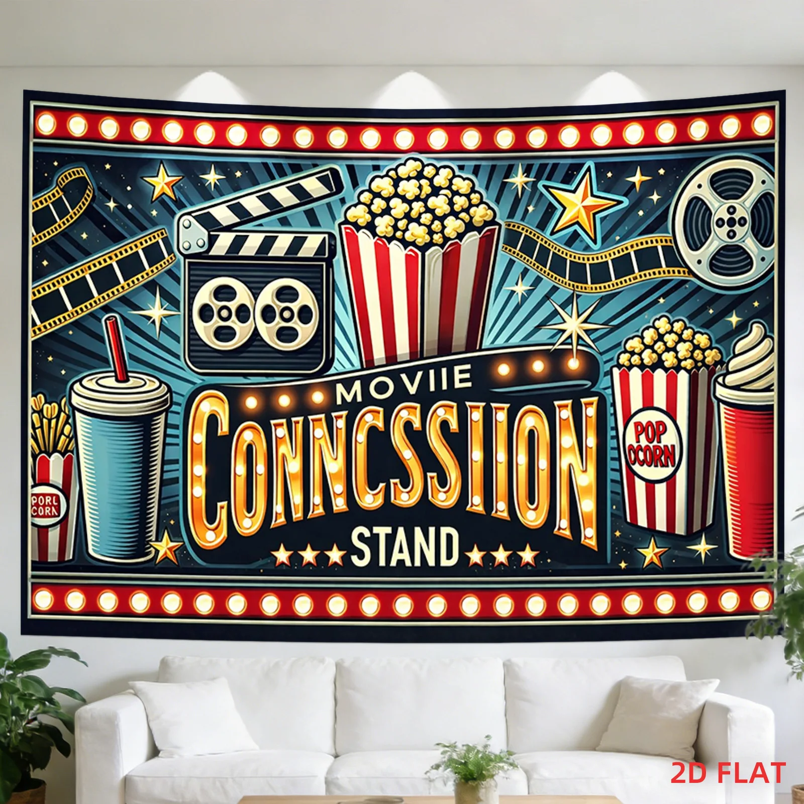 Retro Movie Concession Stand Tapestry, Vintage Cinema Popcorn & Film Reel Wall Hanging, Classic Theater Decor, Man Cave Art