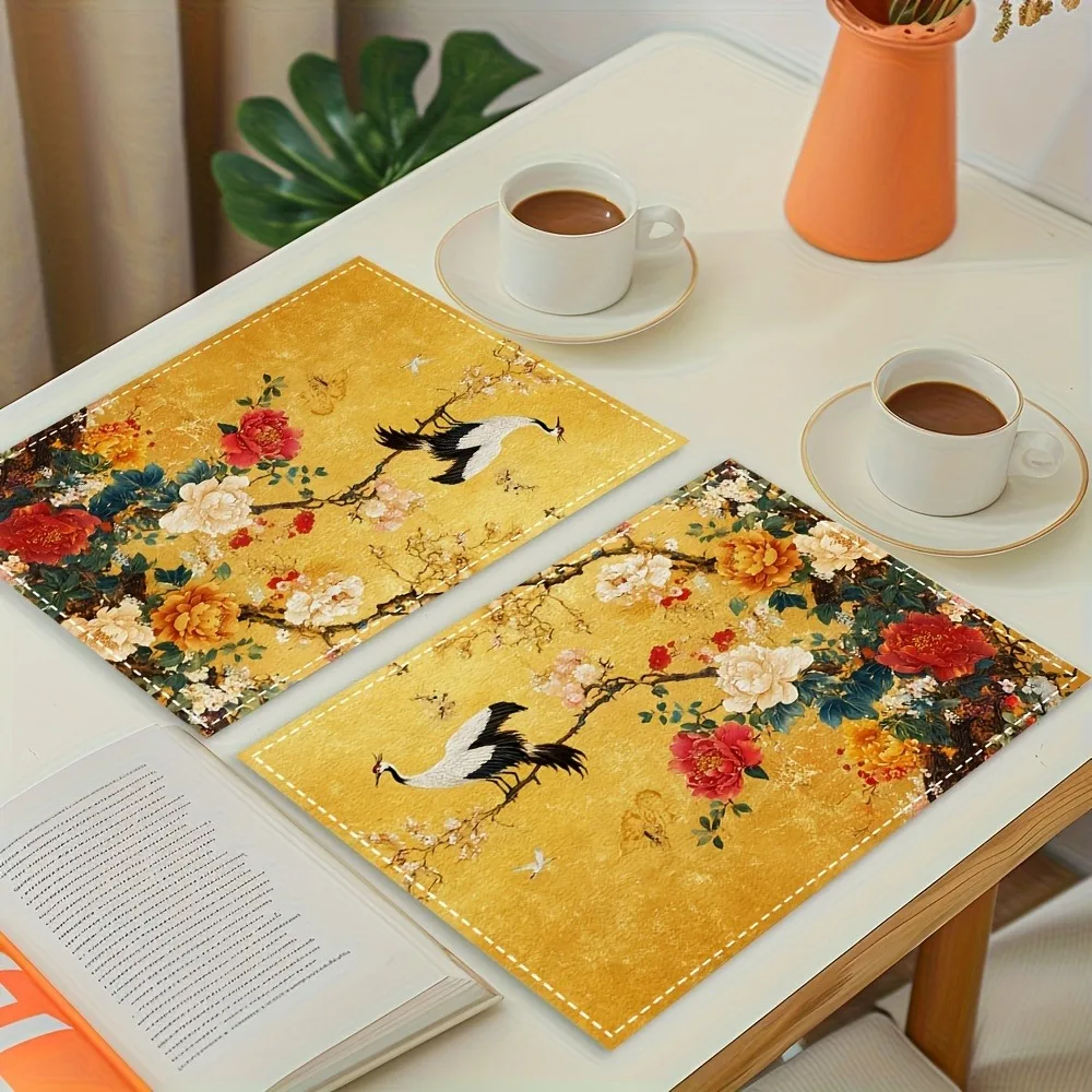 1/2/4pcs of Luxurious Chinese-Style Floral Crane Placemats Rectangular Polyester Table Mats Kitchen Dining Table Decoration