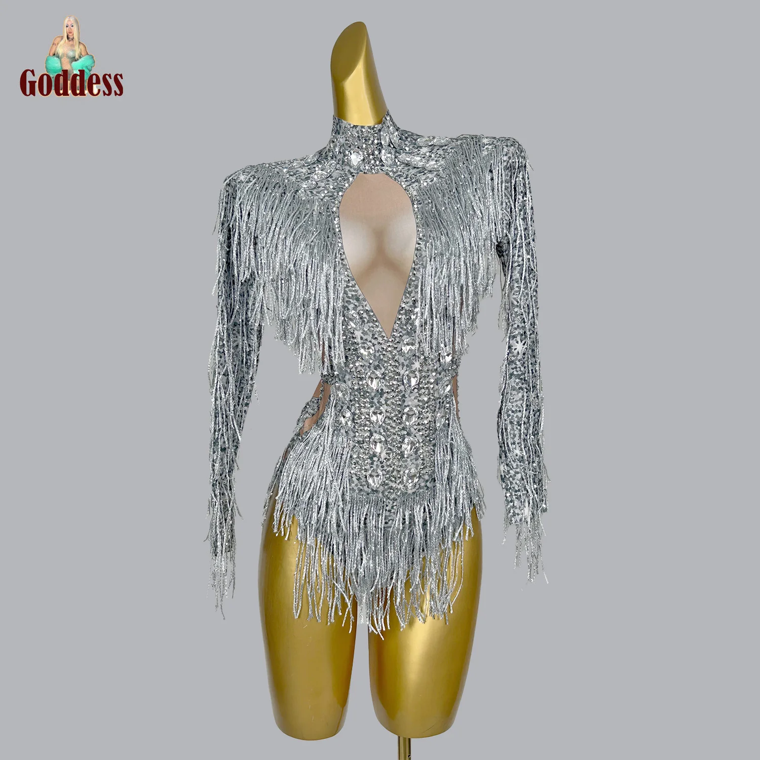 

Sparkly Rheinstone Tassel Latin Dance Bodysuit Gray Slimming Dance Leotard Spandex Mesh Sexy Bar Club Dance Ultra Short Jumpsuit