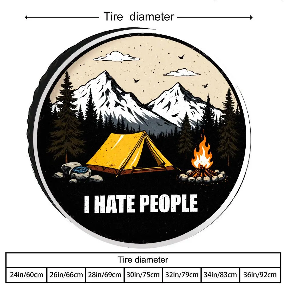 Tire Cover With Camping Scenery Print, Made Of Polyester Fiber, Featuring A Black Background With A Snow-Capped Mountain Tent De