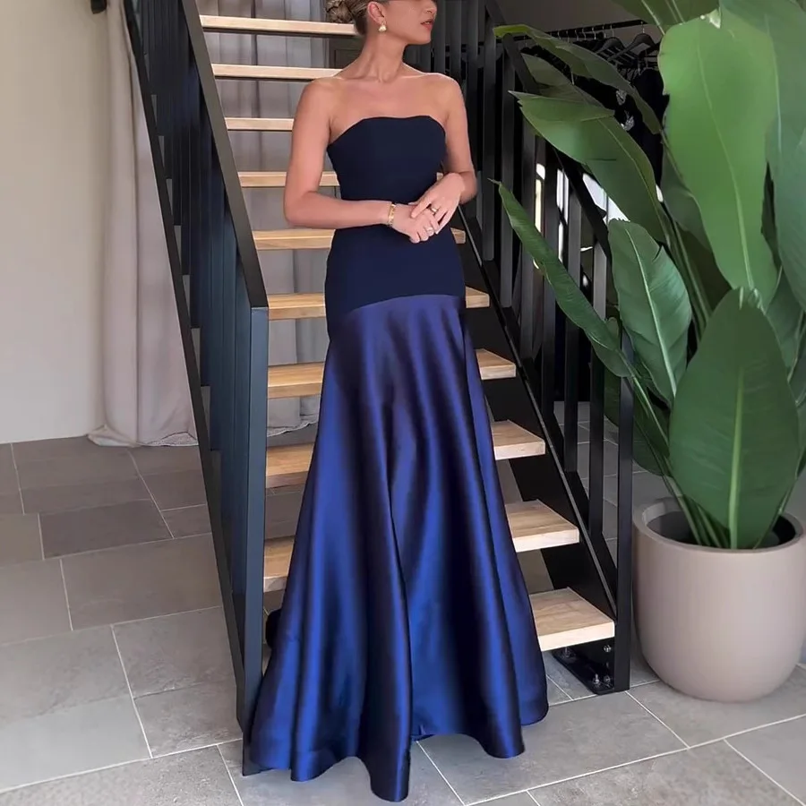 

Strapless Summer Fashion Season Backless Slim Elegant Party Dress Sexy Strapless Satin Sleeveless Patchwork Solid Color Dress