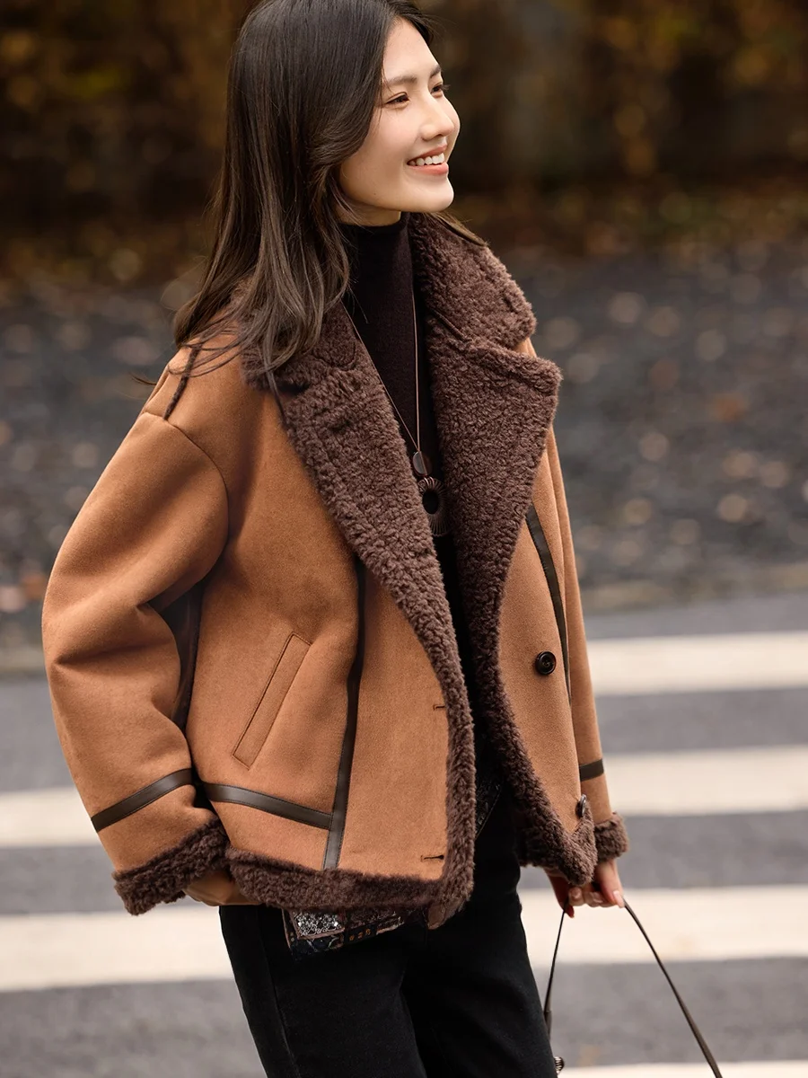 Cappotto Lungo da Donna XWI in Pelle Scamosciata con Pelliccia d'Agnello, Caldo Invernale, Snellente, Casual, in Fibra di Poliestere