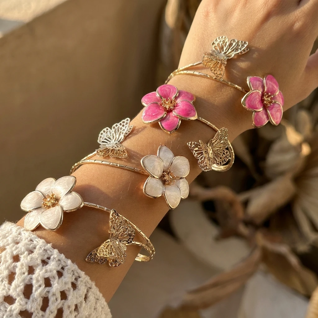 

Romantic White Enamel Flower Butterfly Cuff Bracelet for Women Gold Tone Open Wrap Bangle Floral Fairycore Jewelry