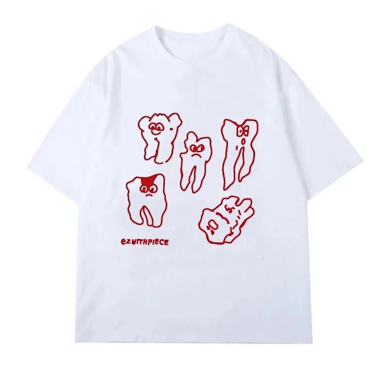 

Женская футболка с короткими рукавами и милым принтом в виде зубов, летняя футболка в стиле Харадзюку, повседневный уличный топ в корейском стиле Y2K