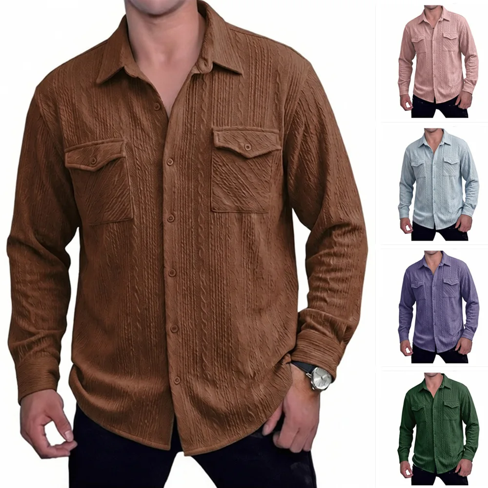 

2026 New Men Long Sleeve Shirt Trendy Casual Turn Down Collar Multi Pocket Solid Color Versatile Simple Top Multi Color Optional