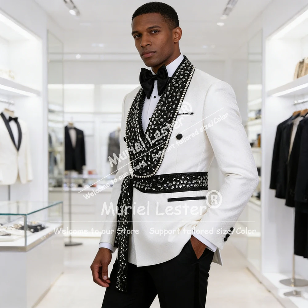 

Luxury Jewelry Stones Suits Men Double Breasted Jacket Pants 2 Piece Set Groom Tuxedos Customized Wedding Attire Costume Homme