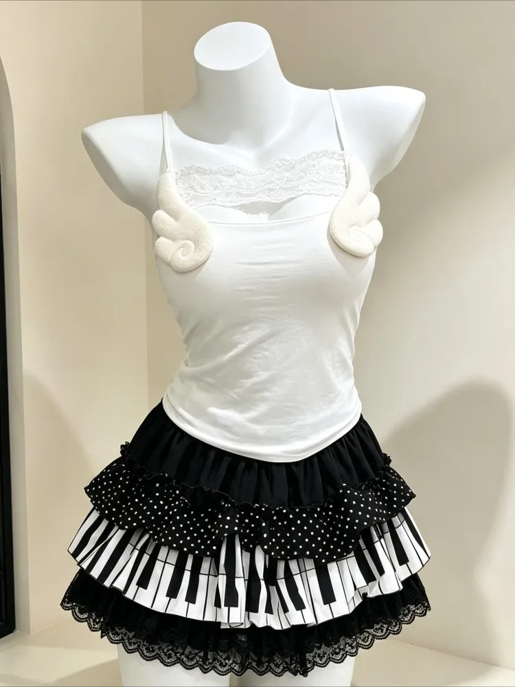 2000s Retro Y2K Women Two‑Piece Suit Dark Tops Piano Lace Ruffle Mini Skirt Gothic Club Party Strrtwear Outfit 2026 Fashion New