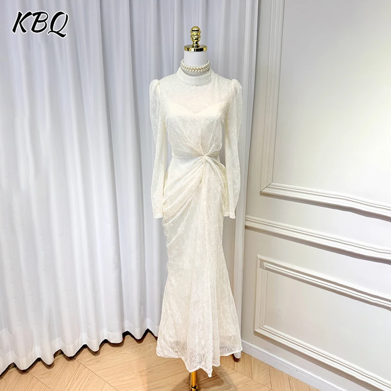 

KBQ Solid French Spliced Folds Elegant Dresses for Women Round Neck Long Sleeve High Waist Temperament Dress Female Fashion New