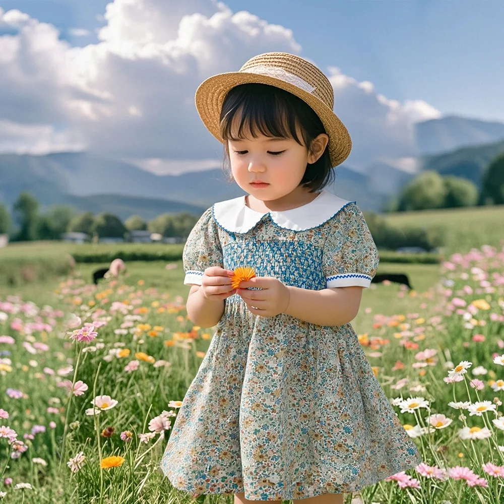 

2025 Girls' Summer New Style Short Sleeved Dress with Floral Fashion and Simple Doll Collar Children's Clothing