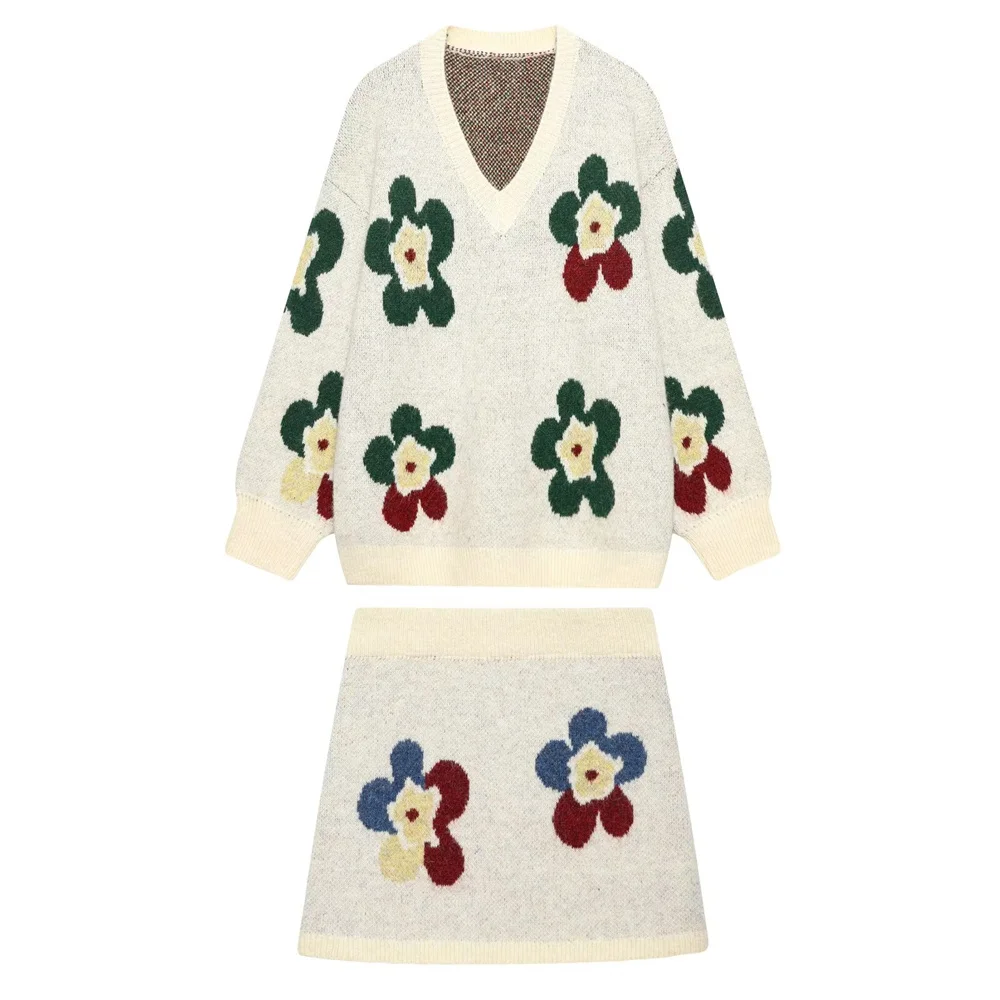 

2026 Spring New Style Soft Sticky Spicy Girl Flower V-neck Sweater Short Skirt High End Women's Jacquard Knitted Set