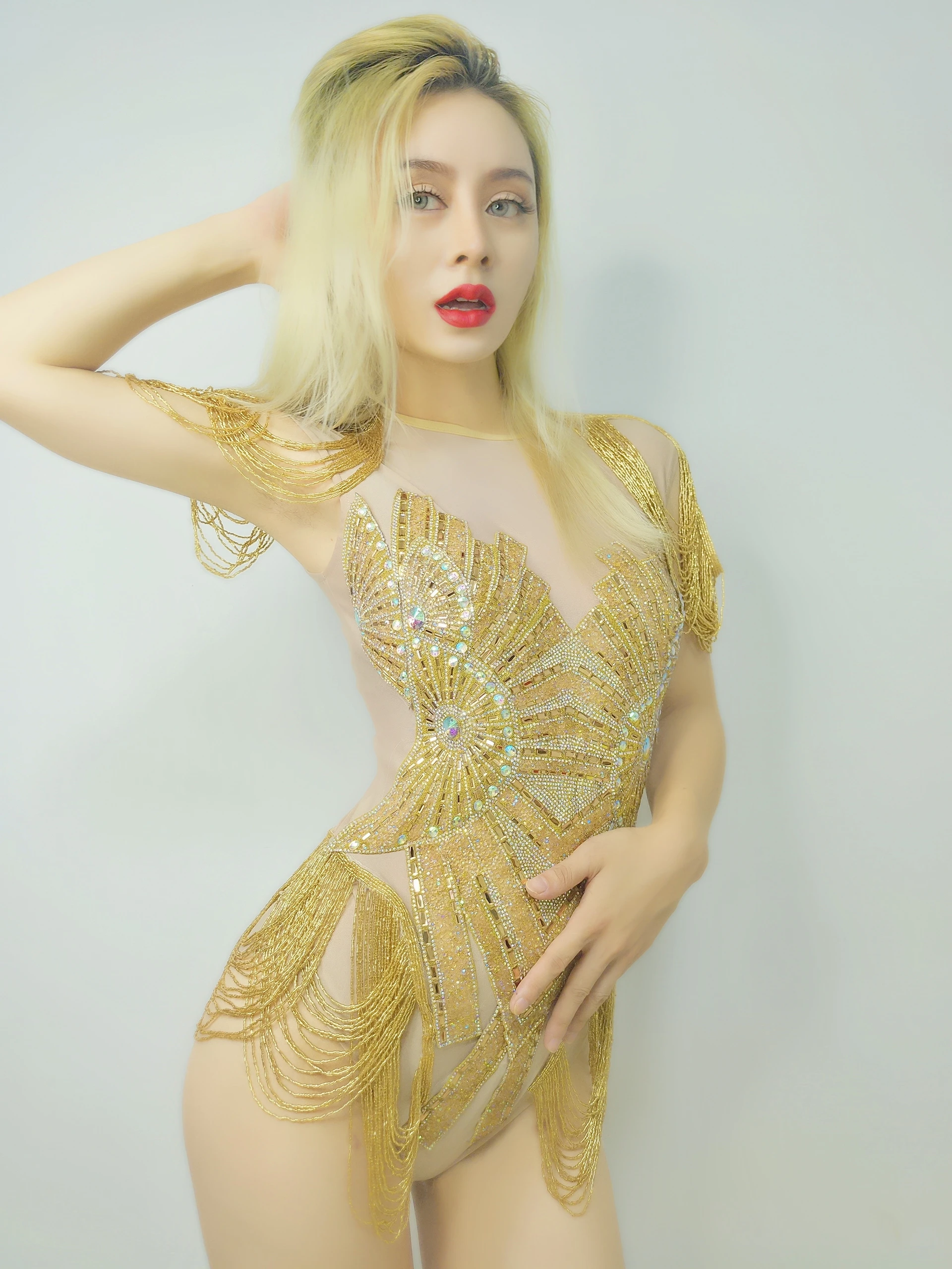 

Sexy Bar Nightclub Women Singer DancerDance Costume Gold Silver RhinestonesBeading Bodysuit Prom Birthday Outfit StageWear