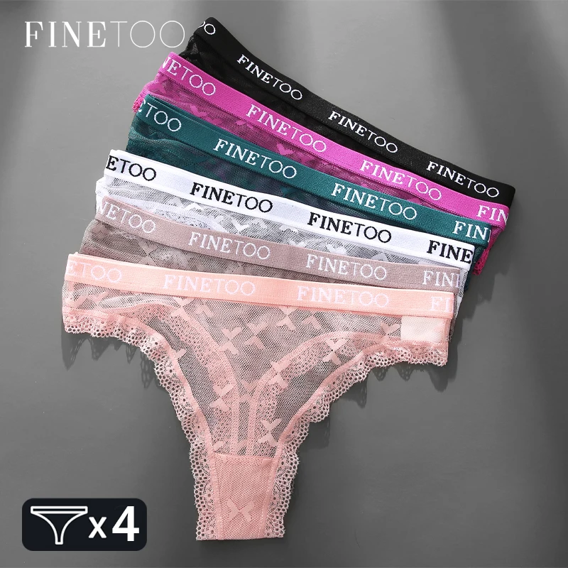 FINETOO 4PCS Lace Hollow Out Underwear Women\'s Panties Sexy Low-Waist Breathable Thongs Female Floral G-strings Lingerie T-Back