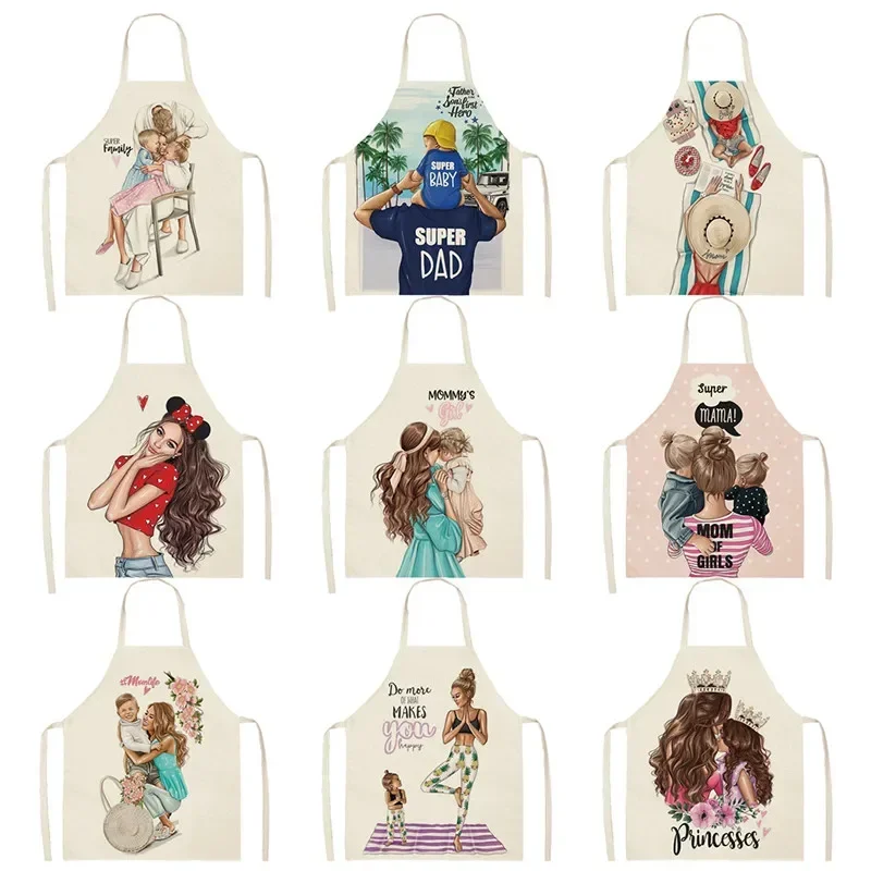 Parent-child Kitchen Apron Mother Daughter Printed Sleeveless Happy Family Cotton Linen Aprons for Men Women Home Cleaning Tools