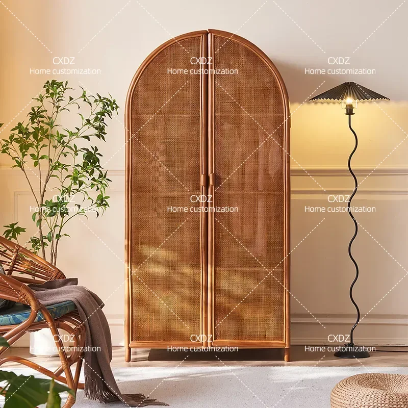 New Chinese Style Rattan Wardrobe Double Door Swing Bedroom Storage Cabinet Antique Breathable Full Rattan Closet Furniture
