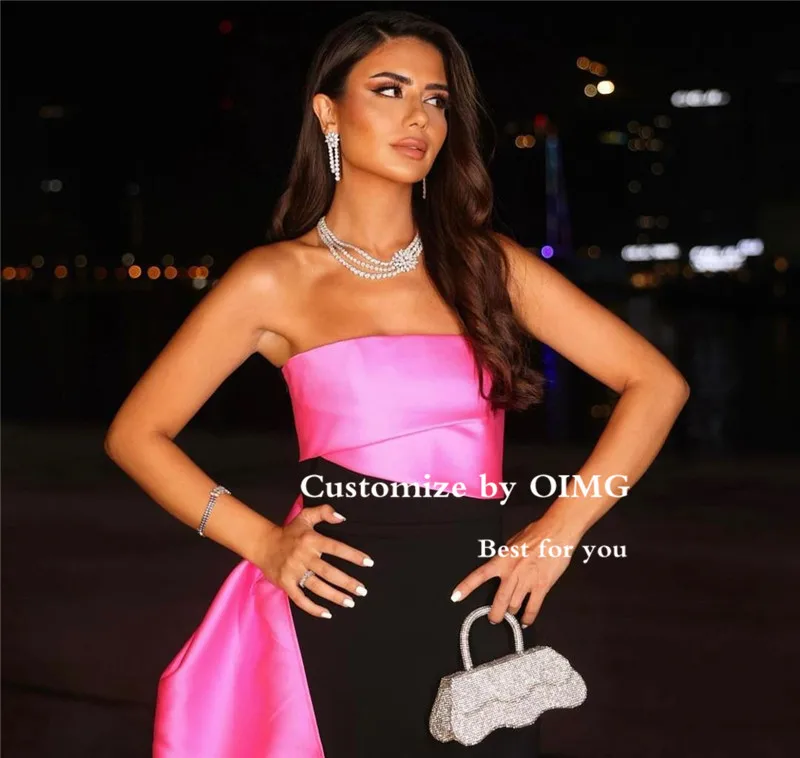 Pink Black Simple Long Evening Dresses Strapless Satin Floor Length Arabic Women Formal Party Prom Dress Robe de soiree