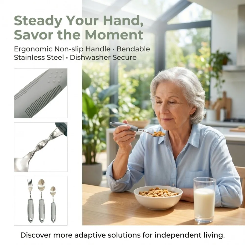 3Pcs Stainless Steel Adaptive Eating Utensils Bendable Portable Elderly Auxiliary Tableware Textured Handle Non-Slip
