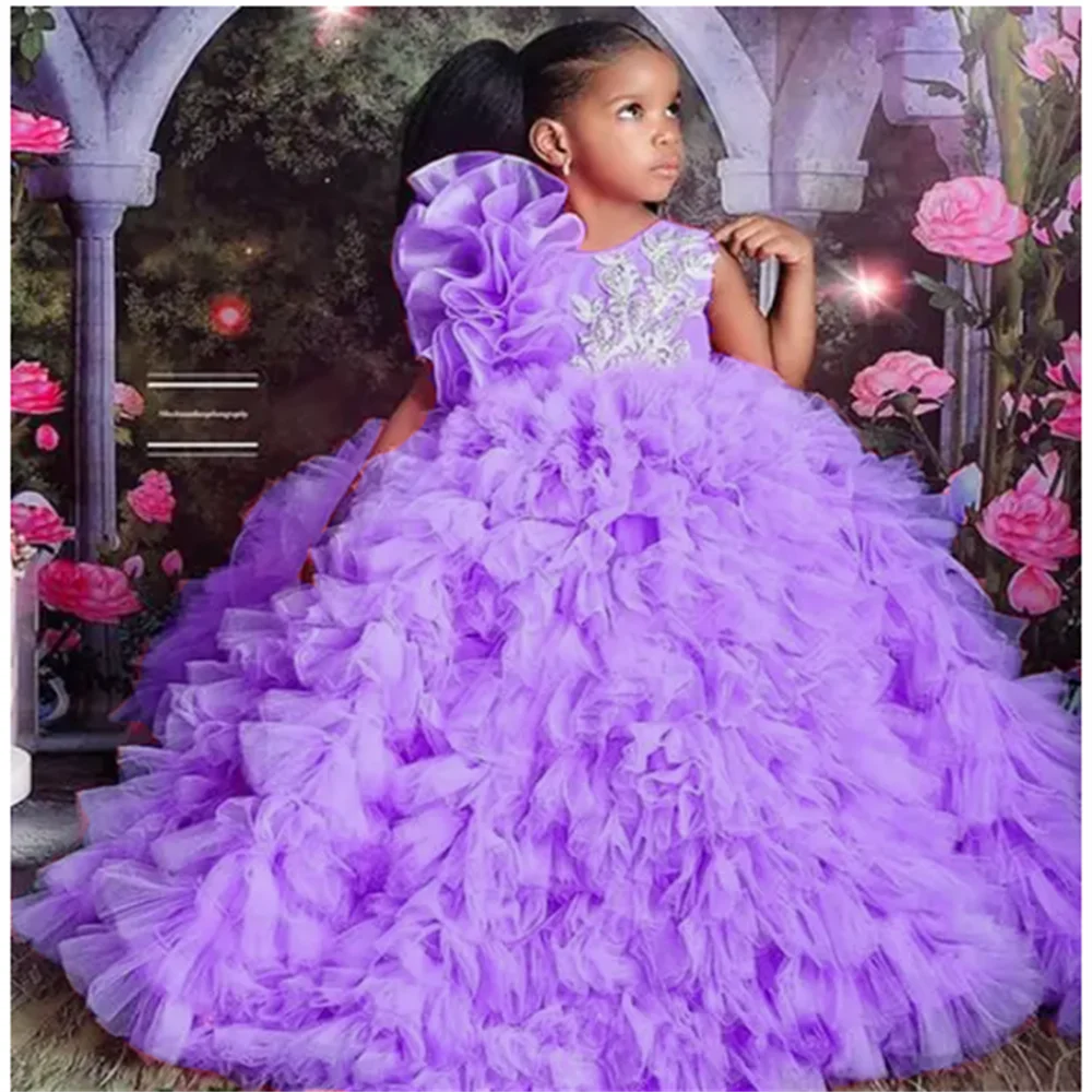 Vestido de lujo morado con flores para niña, vestido de desfile para boda, cuello redondo, fiesta de cumpleaños de princesa, vestido de noche para invitados hecho a medida