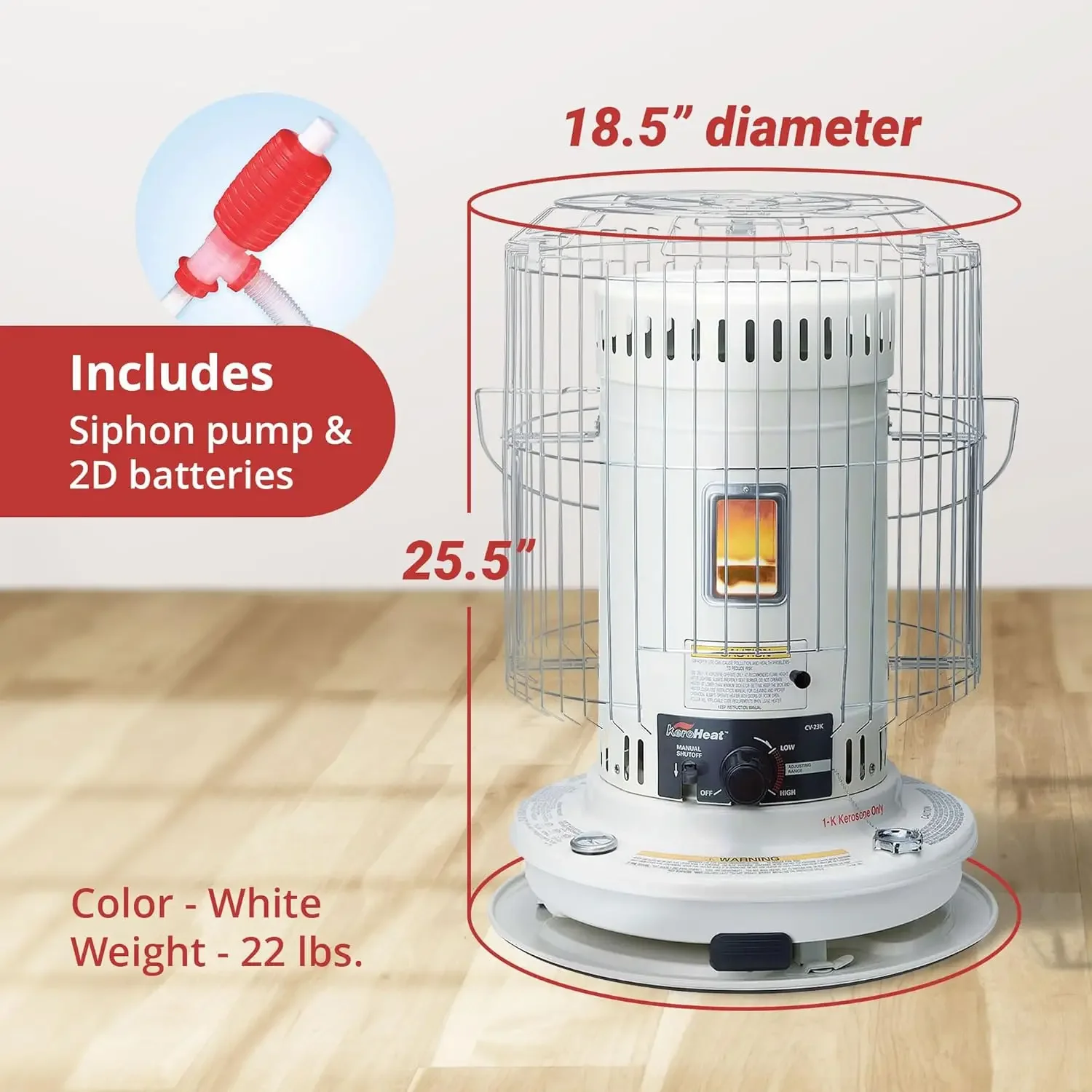 CV 23K Efficient Indoor Outdoor Portable Travel Convection Kerosene Space Heater with Automatic Safety Shut Off,23,500 BTU,White