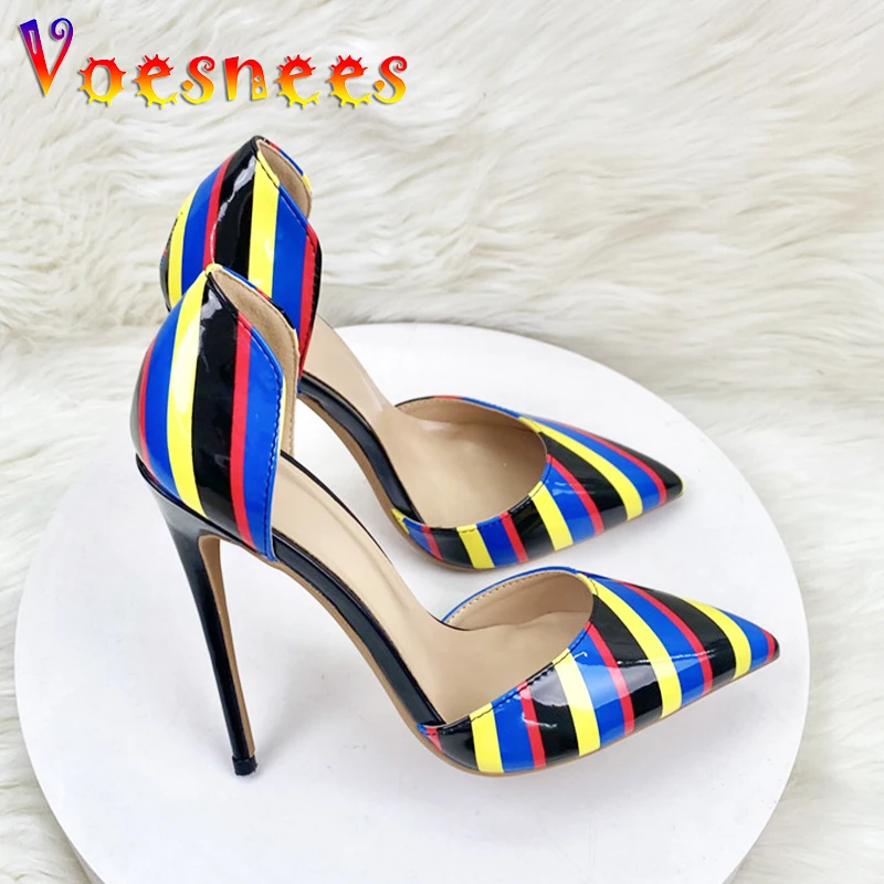 2024 New Rainbow Color Pointed Toe High Heels Summer 12CM Women's Slip-On Striped Sandals Wedding And Party Fashion Female Shoes