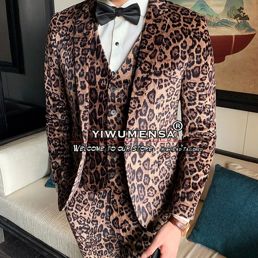 Mens Leopard Bruin Print Suits Business 3 Stukken Blazer Sets Tailoring Slim Fit Stalknecht Kostuum Homme De Luxe Pour Le mariage