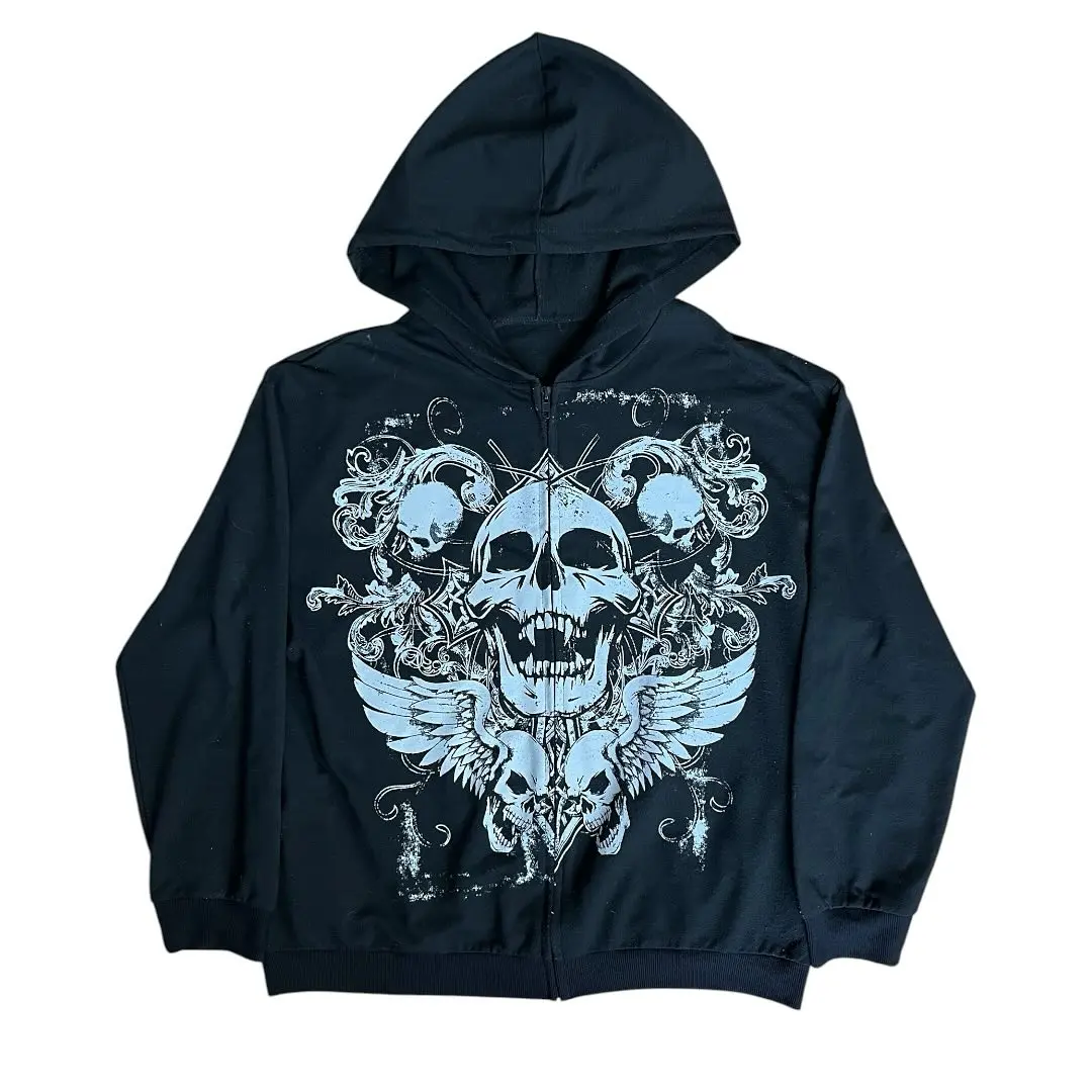 

Hip hop Fashion Tapout Zipper Skull Print Oversized Hoodies Women Sweater American Harajuku Y2k Tops Vintage Gothic Streetwear