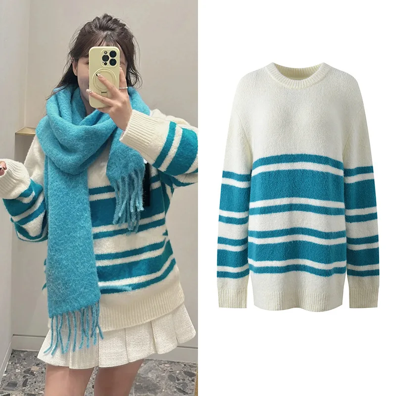 

Высококачественная версия, европейский вязаный свитер в полоску French Faion, круглый женский топ Ne Color Blo, дышащий, удобный