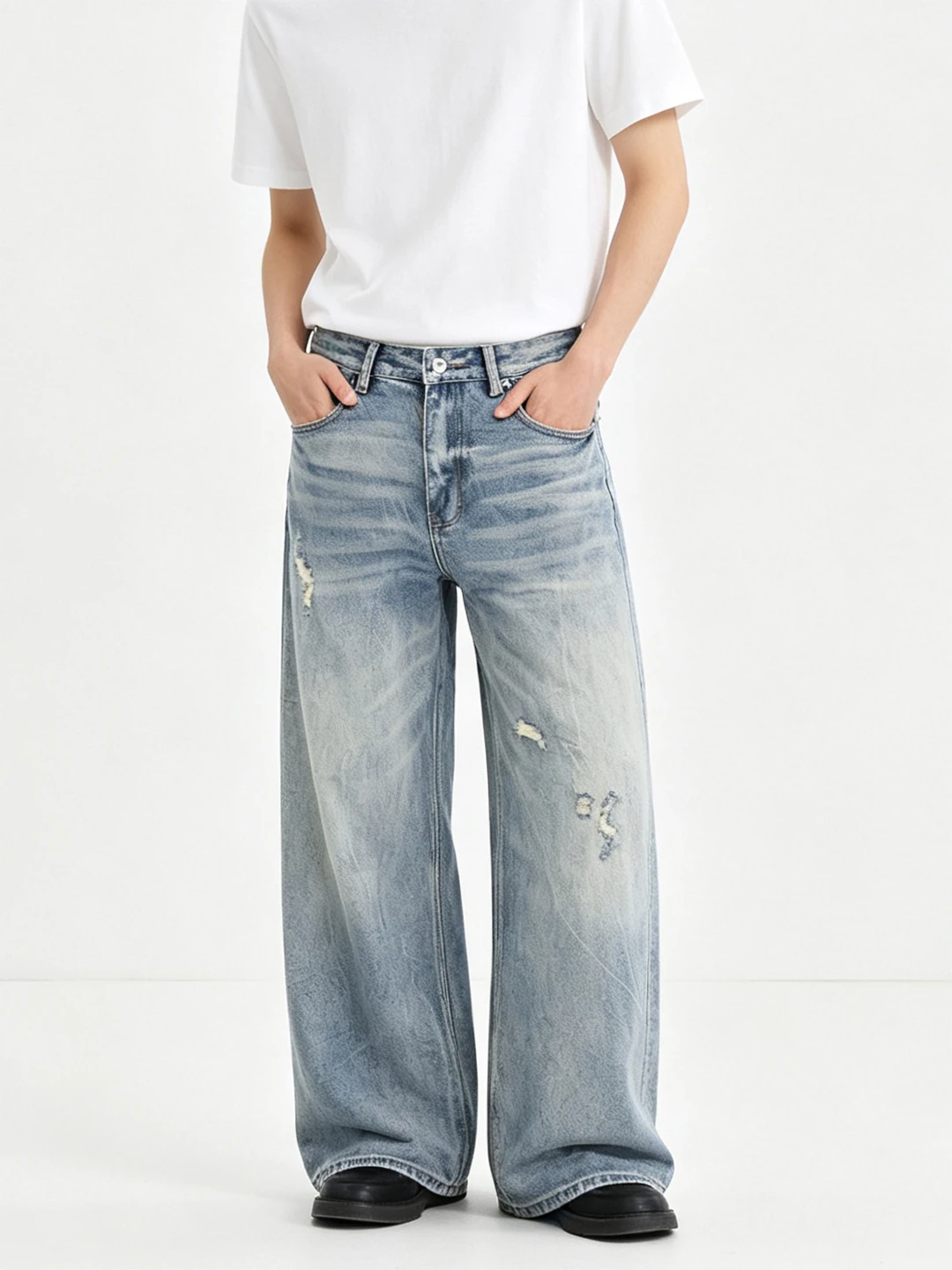 Calças Jeans Americanas Retrô Desbotadas Azul Claro Unissex Cleanfit Corte Reto Cintura Alta Algodão Respirável e Confortável