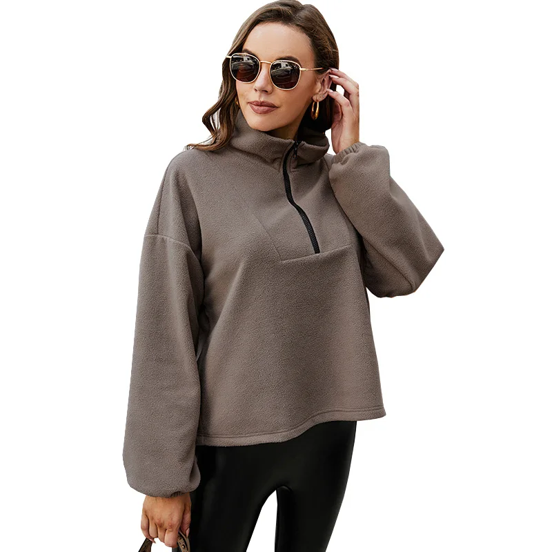 

CYDNEE Fashion Streetwear Women Stand-up Collar Plush Pullover Zipper Polar Fleece Solid Color Long-sleeved Jacket sweatshirts