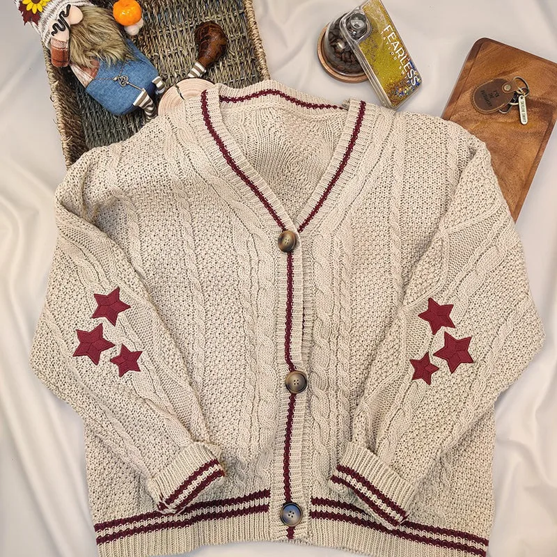Chic Vintage Star Print Knitted Cardigan Preppy Cute Button Up V Neck Long Sleeve Coat Autumn Y2K Aesthetics Retro Sweater