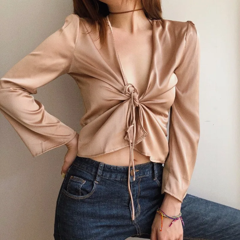 الرجعية بلون الساتان السلس الساتان قمصان موضة الخامس رابطة عنق على شكل حرف v عقدة طويلة الأكمام قصيرة الشمس Bloue مثير الملابس النسائية قميص #5