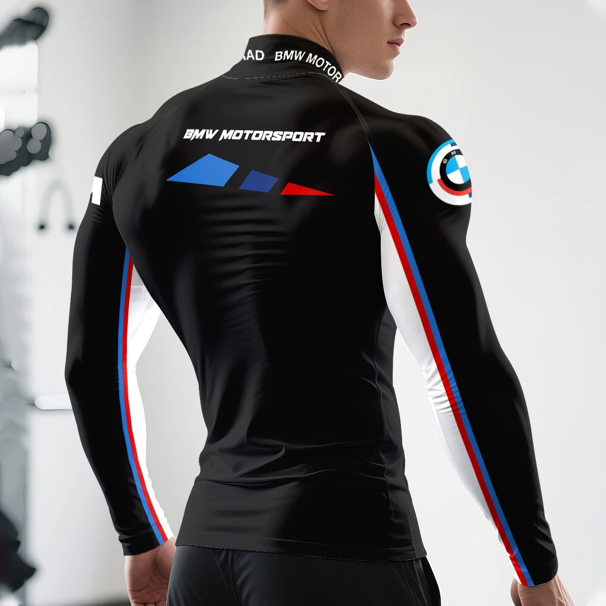 تي شيرت BMW شبه عالي الرقبة وأكمام طويلة للسباق الرياضي للدراجات النارية بقصة ضيقة أزرق وأبيض وأحمر كلاسيكي بثلاثة ألوان ملابس يومية