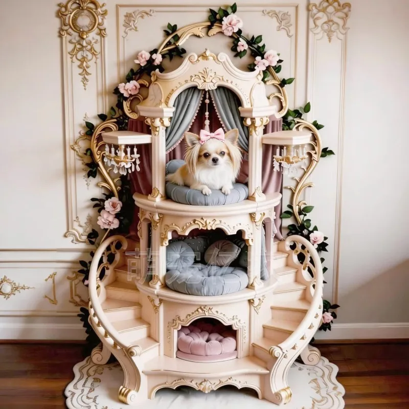 High-end solid wood indoor three-story dog villa with stairs luxury cat dog house free of assembly