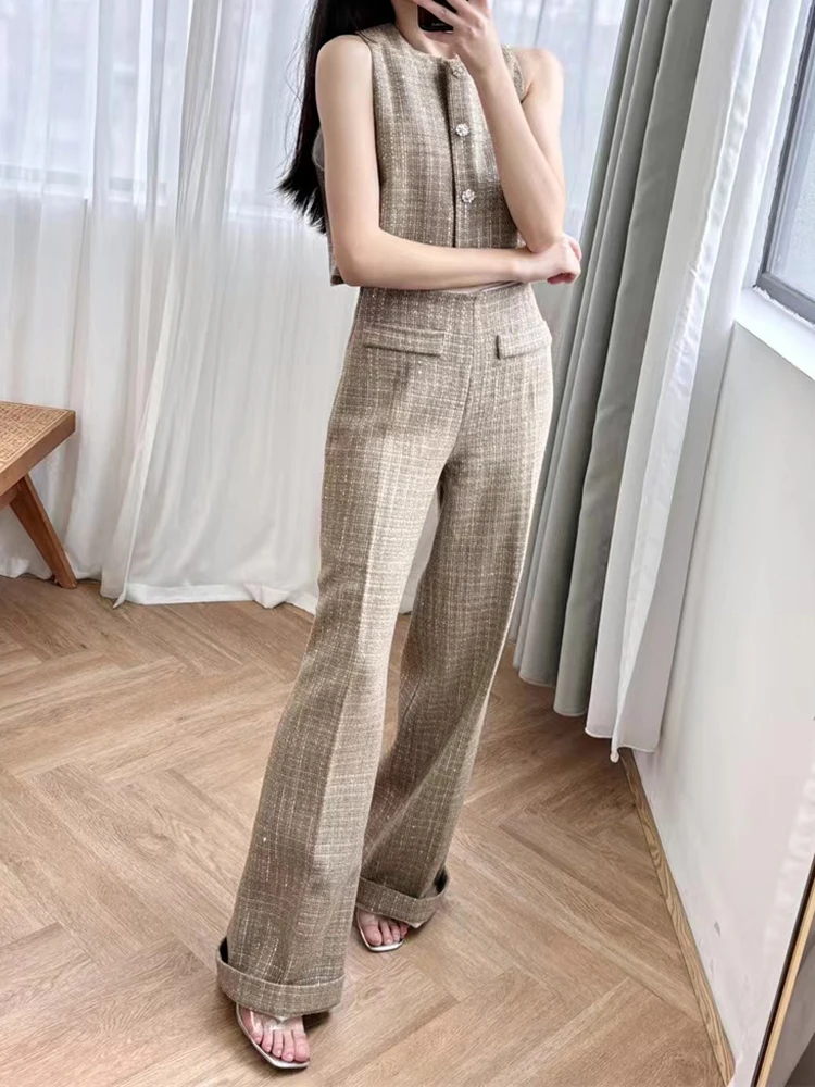 High Quality Autumn New Fashion Plaid Tweed  Set Women Elegant Single-breasted Vest Or Temperament Straight-leg Pants Ladies