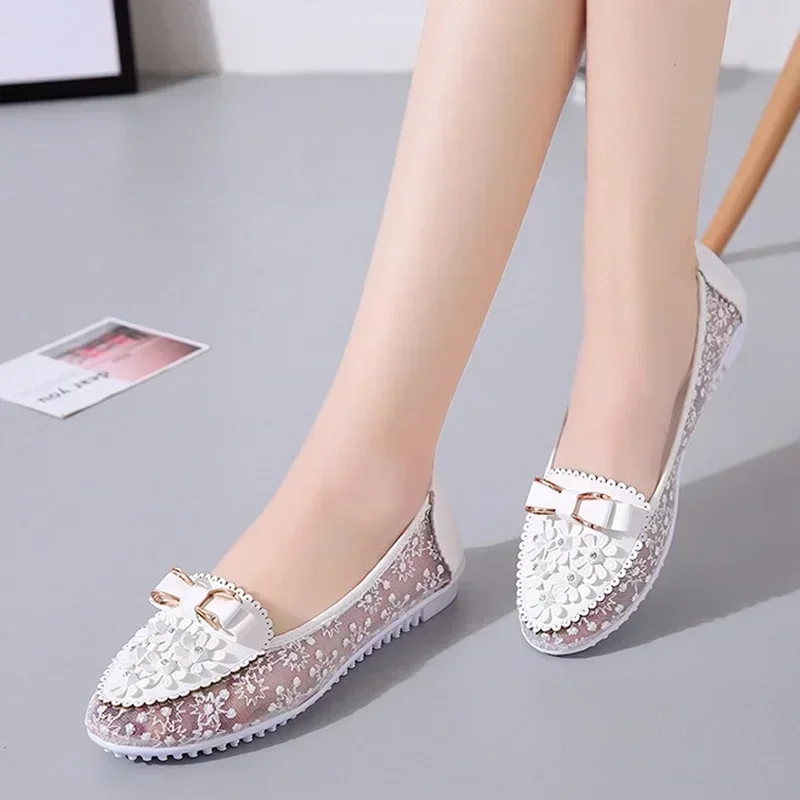 2024 Spring Flat Shoes for Women Ballet Breathable Lace Casual Shoes Female Light Slip-on Flat Comfort Loafers Ladies Zapatos