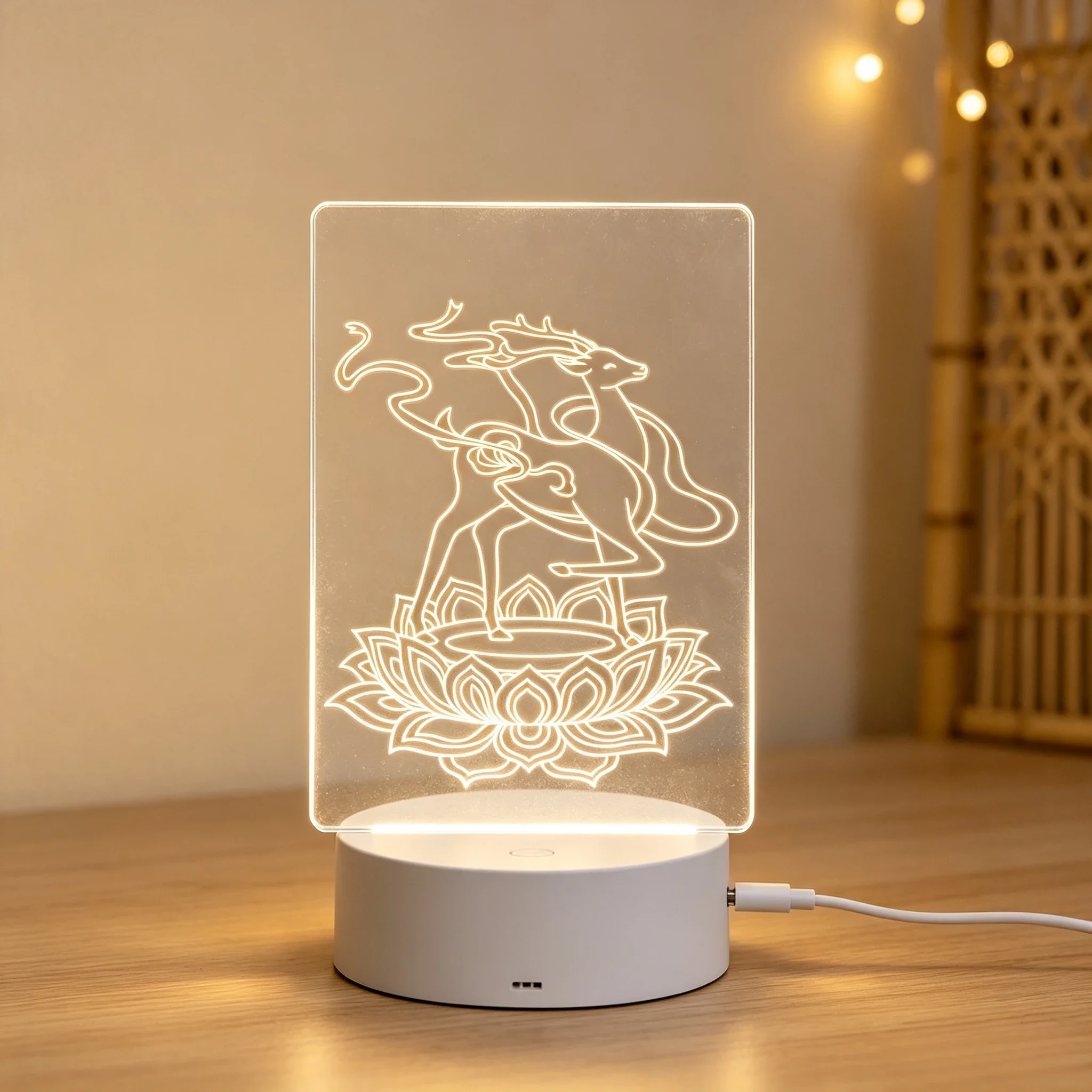 Chinese Style Nine Color Deer Engraved Acrylic Table Lamp USB Decor,Oriental Mythological Deer Pattern LED Acrylic Ambient Light