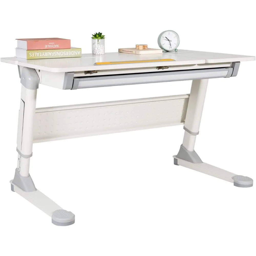 

Wooden Kids Study Desk Adjustable Table 41 inch Children Study Desk, Student Writing Desk with Drawer, Pen Holder, White and Gra