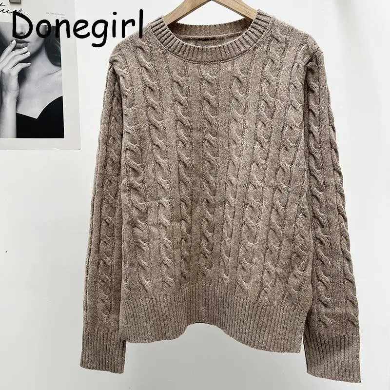 Donegirl 2024 New Autumn Winter Fashion Women Round Neck Weave Solid Knitted Sweater Sweet Simple Pullovers Female Tops Chic