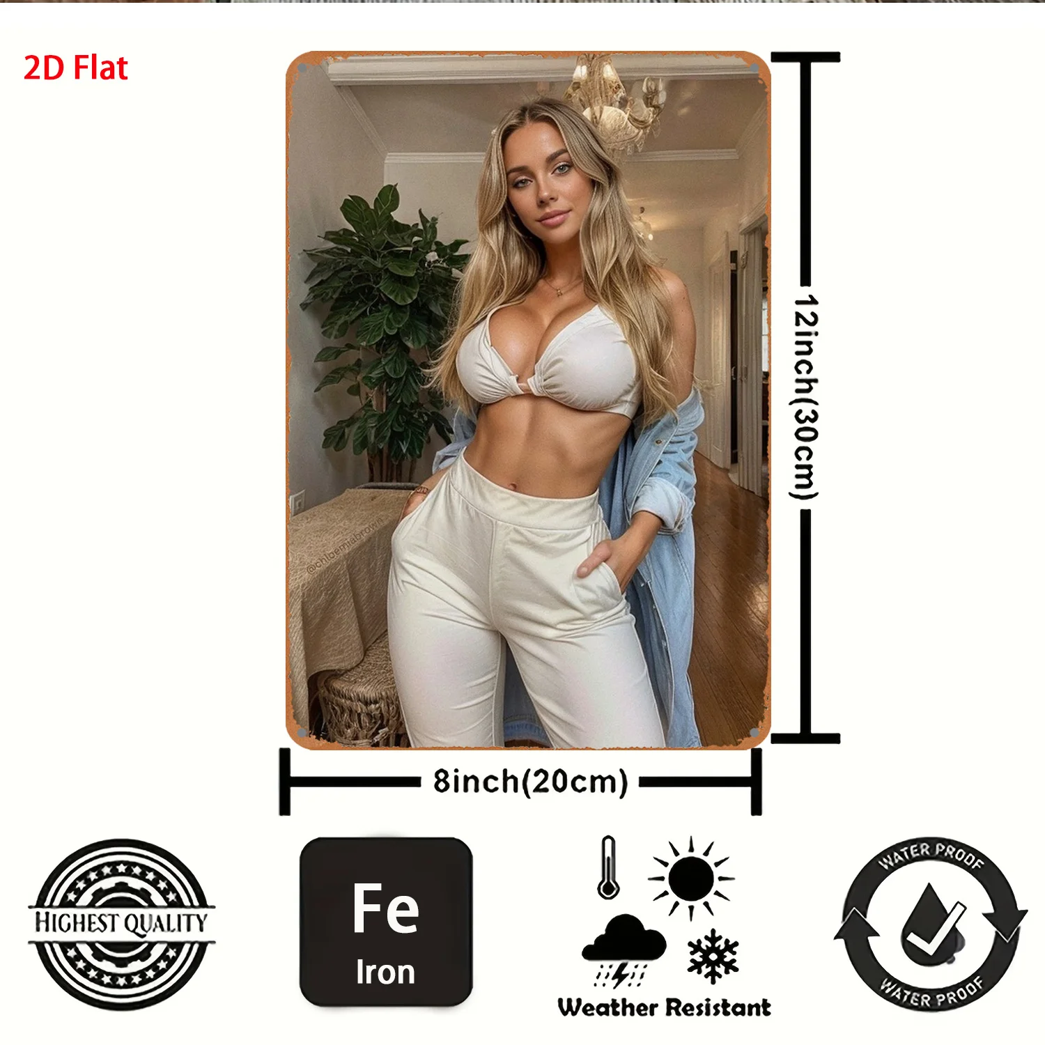 Retro Metal Tin Sign, Blonde Woman In Casual White Top & Pants Print, Modern Lifestyle Wall Decor for Home, Room, Room & Gift