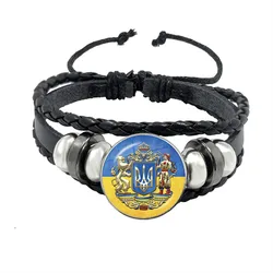 Vintage Tryzub Ukraine Bracelet Ukrainian Symbol Glass Cabochon Multilayer Black Leather Bracelets High Quality Men Bangles