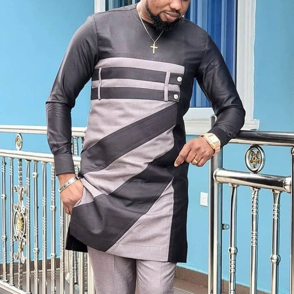 2023 Spring Summer African Men Long Sleeve O-neck Polyester T-shirts Dashiki African Clothes for Men No Pant