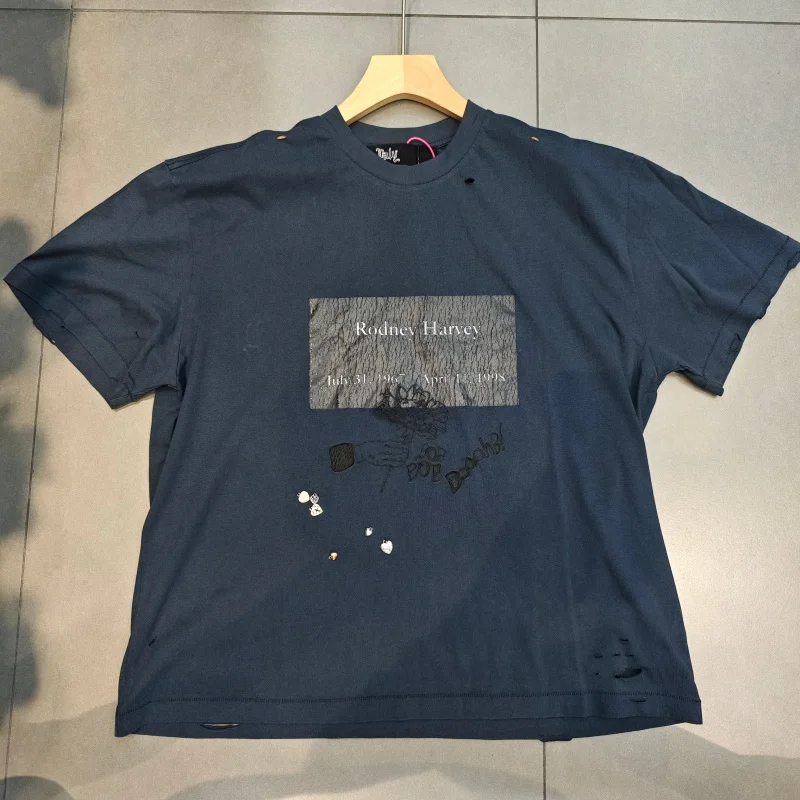 

Paly Portrait T-Shirt Men Distressed Short Sleeve Streetwear Vibes Oversized Navy Blue Casual Summer Top