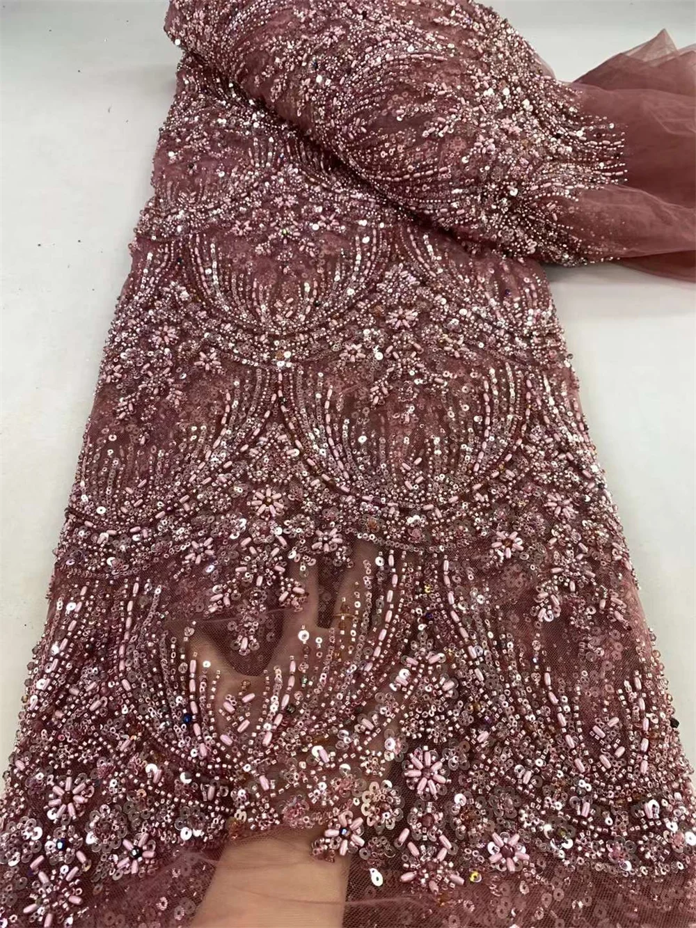 Rose Res Beaded Lace Fabric Luxury High Quality African Lace Fabric Embroidered Fabric Of 5 Yard 2024 Evening Party Dress A356-1