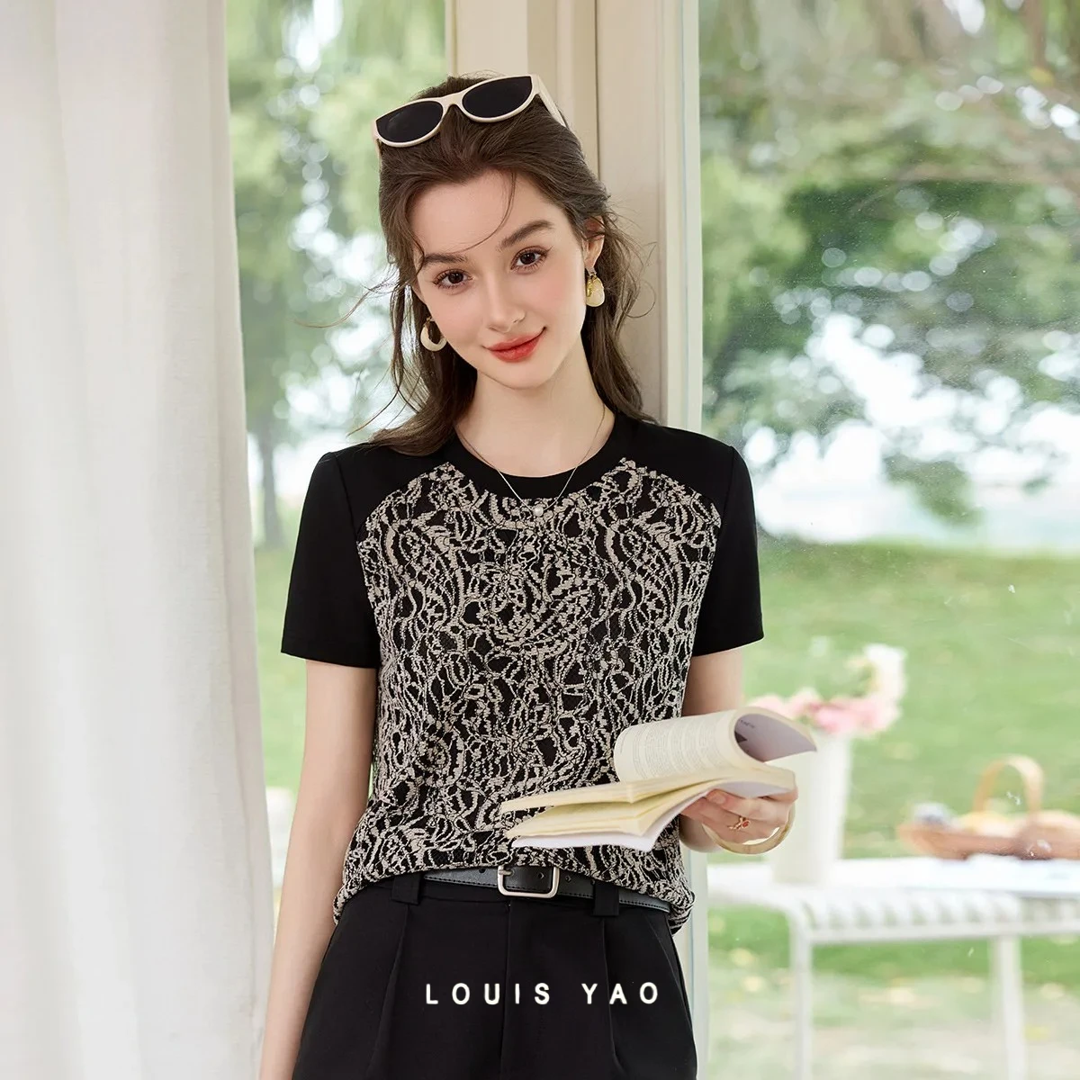 LOUIS YAO Women's T-Shirts 2026 Summer Crew Neck Color Block Slim Fit Casual Top Vintage Women's Short Sleeve Shirts
