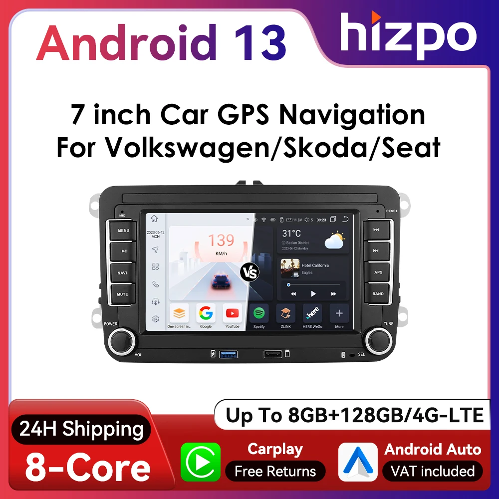 Hizpo 7inch Android Car Radio for VW Volkswagen Golf 5 6 Passat B7 B6 Skoda Seat Octavia Polo Tiguan Jetta Auto CarPlay GPS RDS