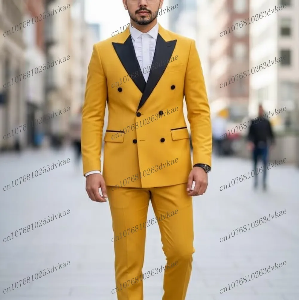 

Желтый и черный мужской костюм для свадебной вечеринки, торжественного случая, жениха, жениха, выпускного вечера, деловые мужские смокинги, комплект из 2 предметов, куртка, брюки