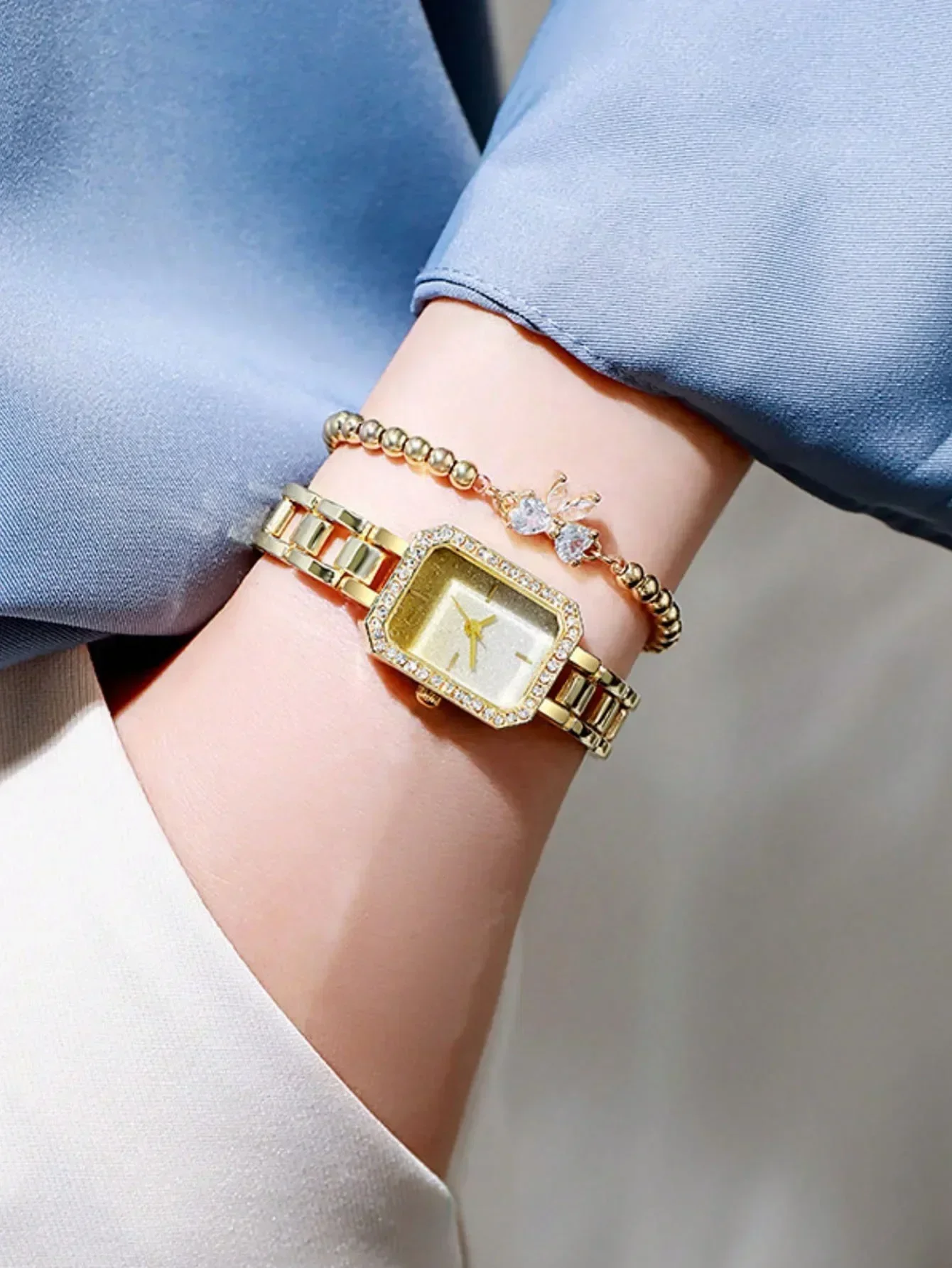2pcs of fashionable women's rhinestone square watches, compact and elegant, starry sky casual student quartz watches
