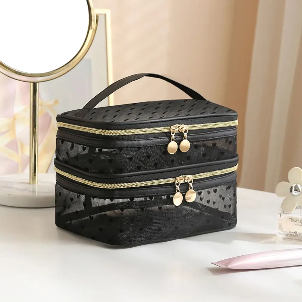 Double/Single Layer Mesh Love Makeup Bag Black Heart Printed Large Capacity Cosmetics Organizer Transparent