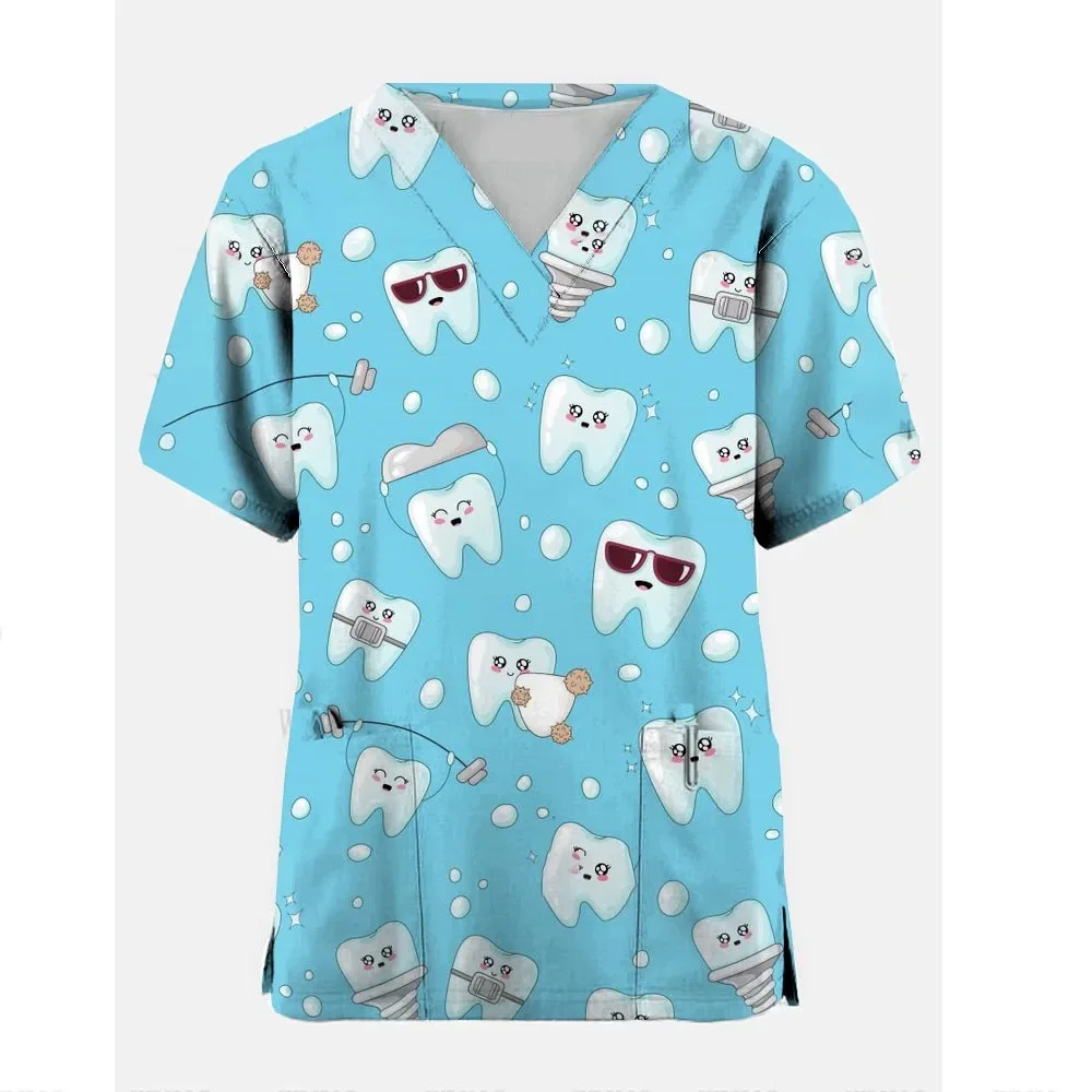 Uniforme de travail pour femmes, motif d'infirmière mignon, uniforme d'infirmière de poche pour animaux de compagnie, hauts de gommage à col en v, vêtements de protection pour clinique de soins de santé